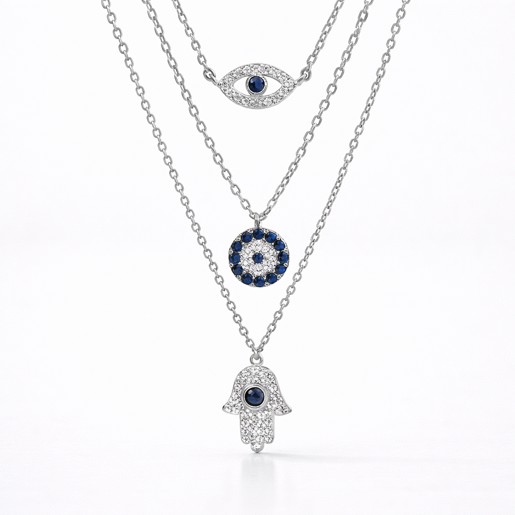 Hamsa & Evil Eye Triple Layer Necklace