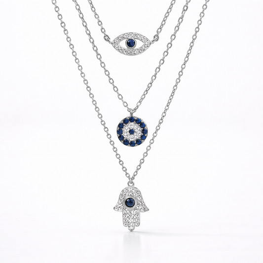 Hamsa & Evil Eye Triple Layer Necklace